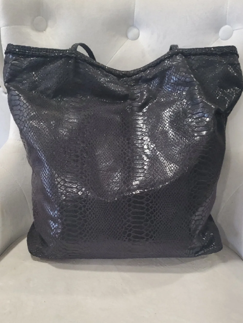 Cache Black Faux Snakeskin Tote with Long Shoulder Straps